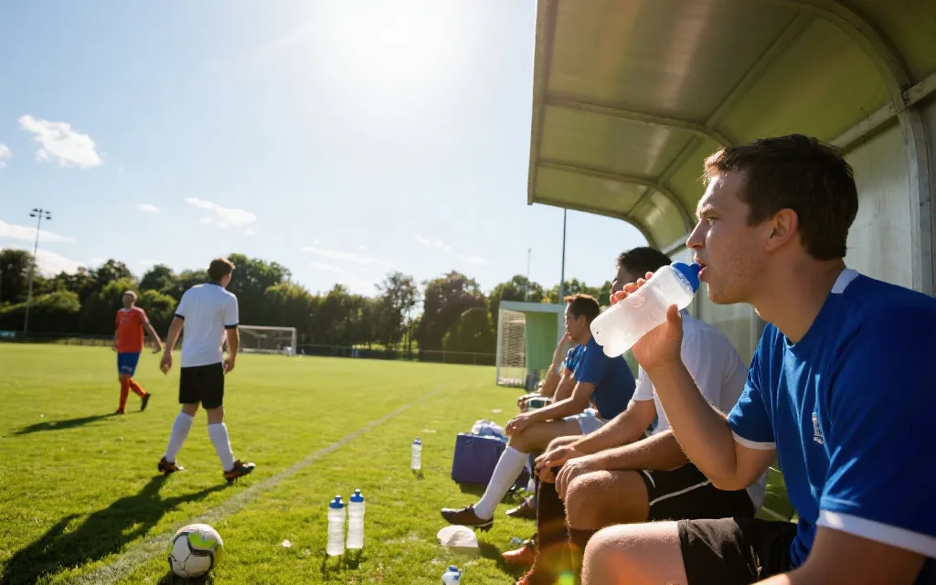 夏季高温条件下的比赛：球员在阳光下对抗、替补席补水的纪实感画面