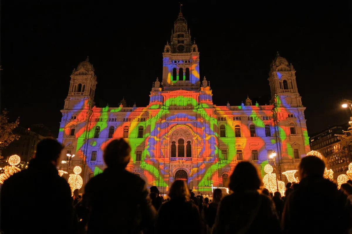 世界杯赛前城市灯光秀：地标建筑被投影与色彩点亮，夜晚人群聚集